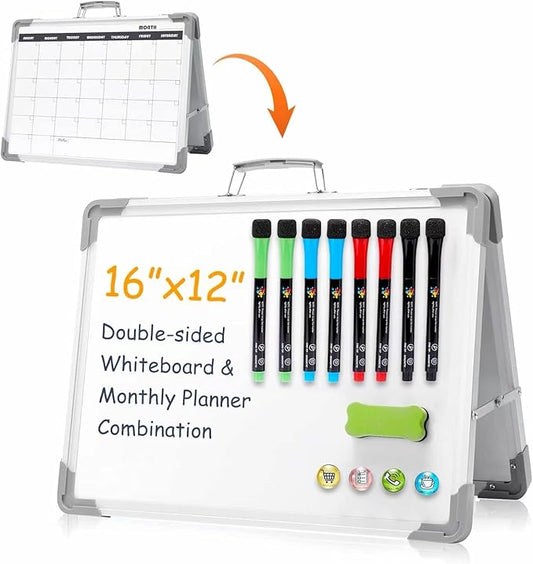 Magnetic Dry Erase Board with Calendar - Small Double Sided Whiteboard on Desktop with Monthly Schedule Planner, Portable Folding White Board on Table Top for Drawing, Teacher Students Classroom