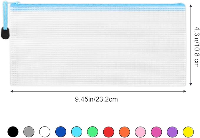 LABUK 42pcs Small Zipper Pouch, 9.5x4.3 Inches Mesh Zipper Pouches, 12 Colors Zipper Bags, Waterproof Plastic Zip Bags for Bill Stationary, Office Supplies Storage and Classroom