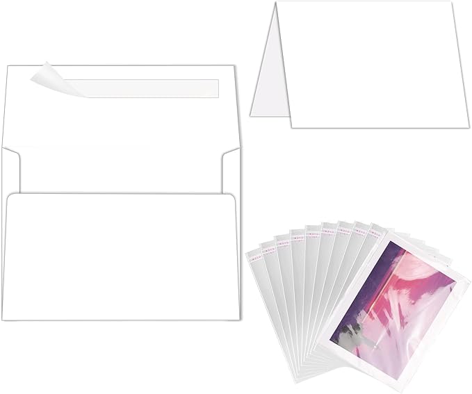 Blank White Cards and Envelopes with Clear Cello Bags, Goefun 100 Pack 5 x 7 Folded Cardstock and A7 Envelopes Self Seal for Invitations, Wedding, Birthday and DIY Greeting Cards