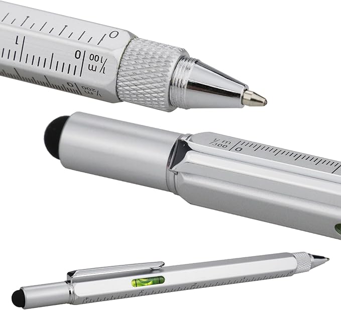HeTaoCat Gifts Multi Tech Tool Pen 6 in 1 Stylus Pen - Screwdriver Pen with Ruler, Levelgauge, Ballpoint Pen Black Ink (Silver)