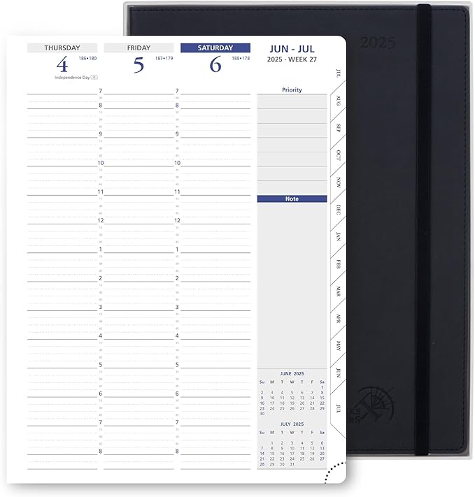 POPRUN 2025 Weekly Planner 8.5" x 11", Quarter-Hourly Appointment Book with PU Leather Soft Cover, Dual Pockets, Gift Box, Monthly Tabs, 100GSM Thick Paper, Sunday Start - Black