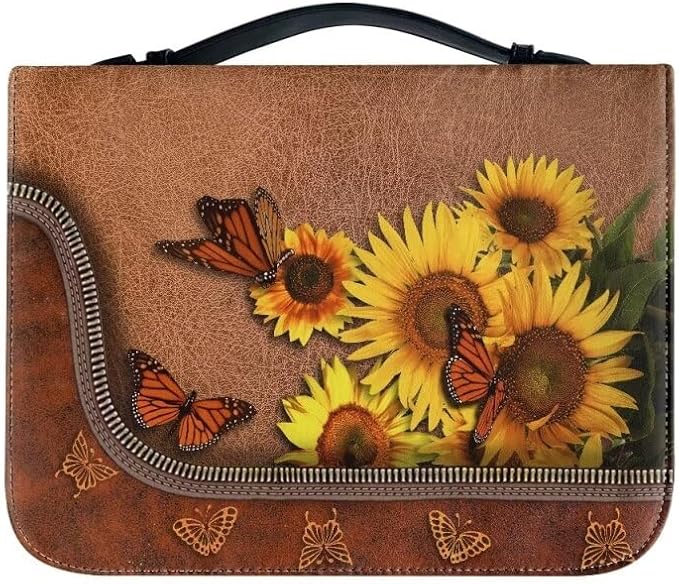 Lotusorchid Butterfly Bible Bags, Sunflower Faux Leather Bible Covers with Handle Pockets for Women, Portable Sturdy Bible Bag for Girls Ages 8-12, Christian Bible Study Accessories, Brown,XL