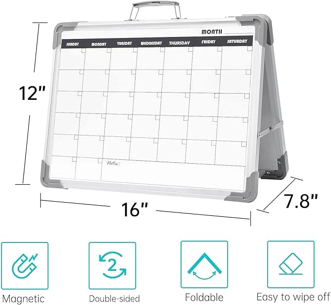 Magnetic Dry Erase Board with Calendar - Small Double Sided Whiteboard on Desktop with Monthly Schedule Planner, Portable Folding White Board on Table Top for Drawing, Teacher Students Classroom
