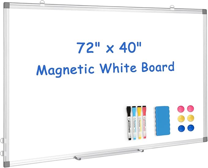 WALGLASS Large White Board, 72" x 40" Double-Sided Dry Erase Board Magnetic Whiteboard for Wall, Hanging Mounted Whiteboard Silver Aluminium Frame for Home, School, Office