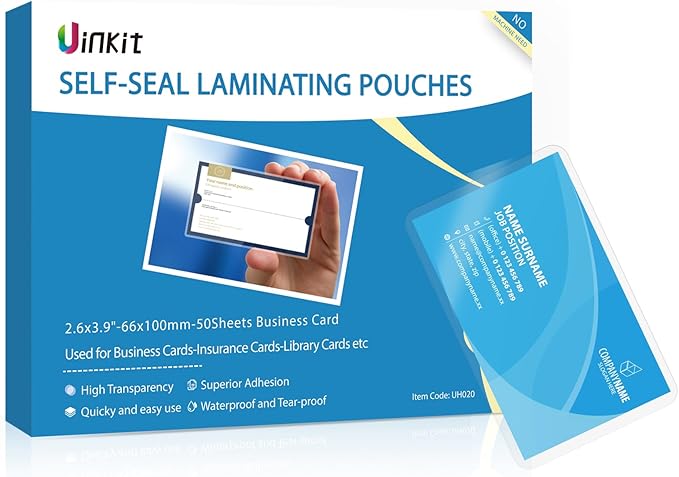 Uinkit Self Sealing Laminating Pouches Self Adhesive Laminating Sheets for Small Bussinesss Cards 2.6x3.9inches 50Pack 10Mil Thick Laminate Sheets Gloss Finish No Machine Need