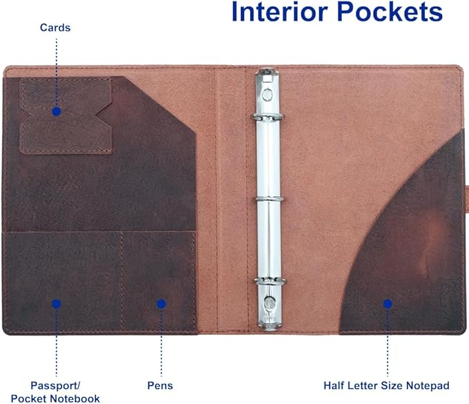 Fan&Ran 2025 Leather Planner 5.5"x8.5" with 3-Ring Leather Binder, 2025 Full Year Weekly & Monthly Pages, Interior Pockets, Refillable