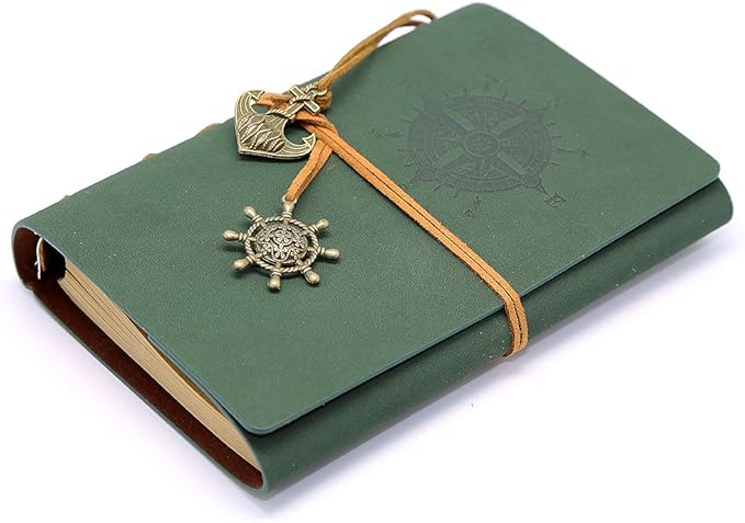 EvZ Leather Writing Journal Notebook, 7 Inches Vintage Nautical Spiral Blank String Diary Notepad Sketchbook Travel to Write in, Unlined Paper, Retro Pendants, Classic Embossed, Dark Green