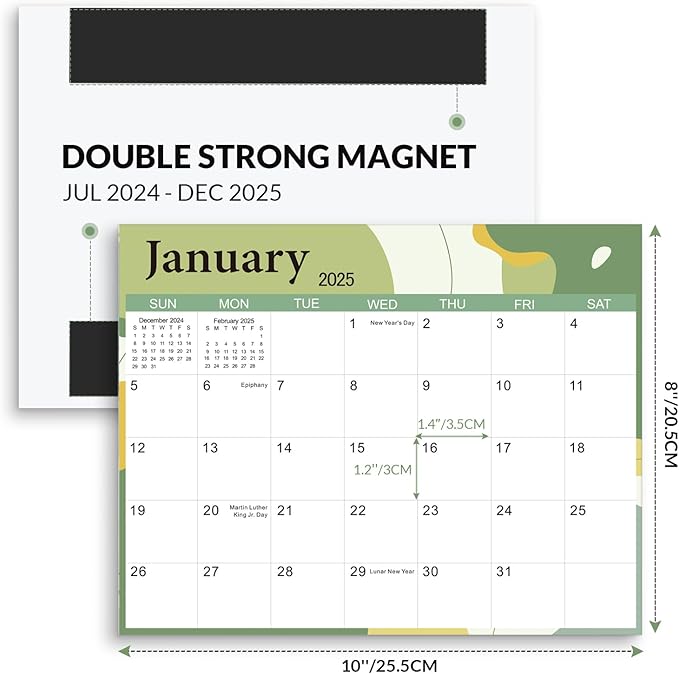SKYDUE 2025 Magnetic Calendar for Refrigerator, Fridge Calendar 2024-2025, Jul 2024 to Dec 2025 18 Months Magnetic Calendar, 10" x 8", Modern Multi-Color