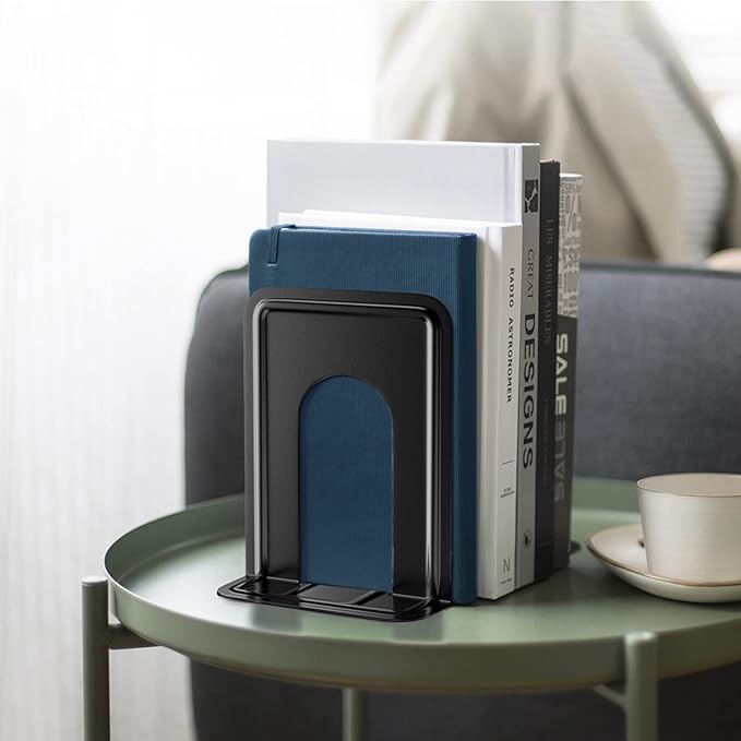 MaxGear Book Ends Universal Premium Bookends for Shelves, Non-Skid Bookend, Heavy Duty Metal Book End, Book Stopper for Books/Movies/CDs/Video Games, 6 x 4.6 x 6 in, Black (3 Pairs/6 Pieces, Large)