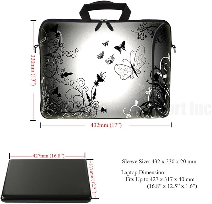 Meffort Inc 17 17.3 inch Neoprene Laptop Bag Sleeve with Extra Side Pocket, Soft Carrying Handle & Removable Shoulder Strap for 16" to 17.3" Size Notebook Computer - Black Gray Butterfly Design