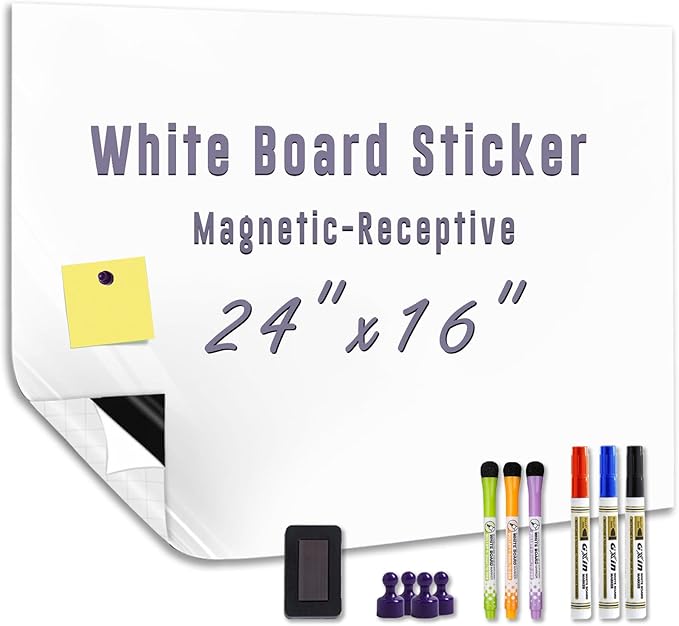 Magnetic Whiteboard Sticker - Adhesive Backing 24'' x 16'' Dry Erase Board for Wall Whiteboard Contact Paper for Office Home Door Include Marker Magnet Eraser