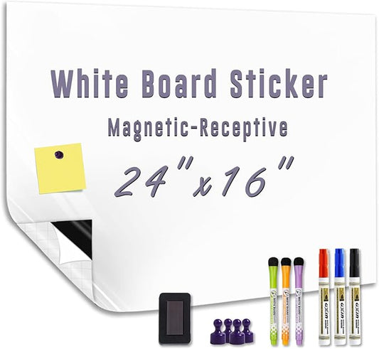 Magnetic Whiteboard Sticker - Adhesive Backing 24'' x 16'' Dry Erase Board for Wall Whiteboard Contact Paper for Office Home Door Include Marker Magnet Eraser