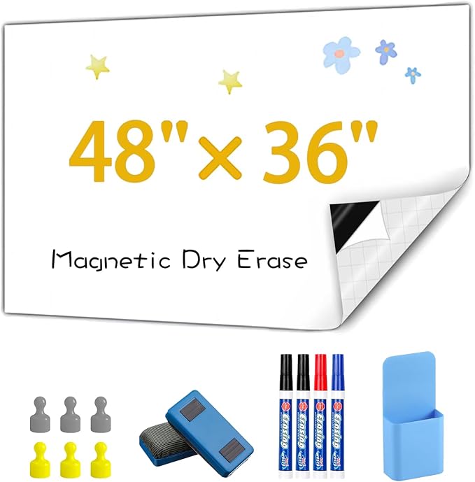 Dry Erase Adhesive Whiteboard Paper, 36" x 47" Stick on Magnetic Contact White Board Sticker on Wall for School, Office, Kitchen Fridge, Kids Drawing