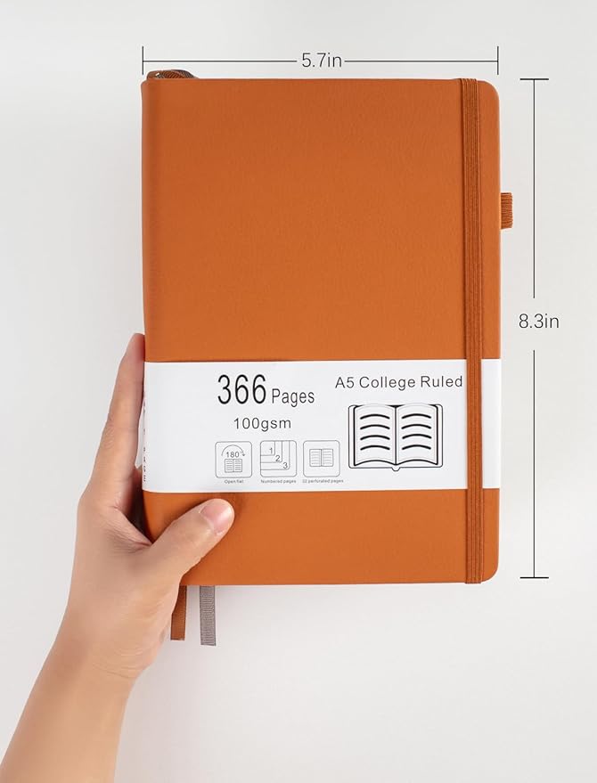 Thick College Ruled Notebook with 366 Numbered Pages, A5 Journals for Writing with 100GSM Lined Paper, Hardcover Leather Notebooks for Women Men School Note Taking Office Work Diary (Bungandy)