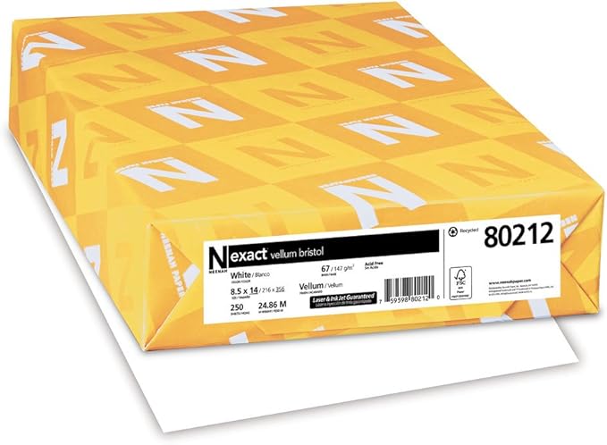 Wausau Exact Vellum Bristol Cardstock, 250 Sheets, White, 94 Brightness, 67 lb, 8.5 x 14 Inches (Pack of 6)