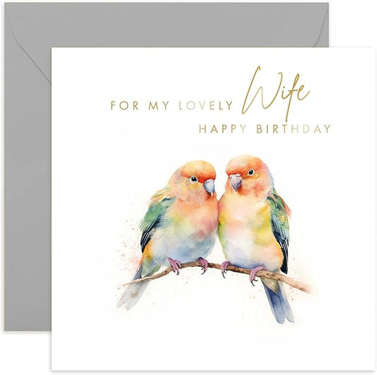 Old English Co. Birthday Card for Wife - Cute Love Birds Couple Romantic Design Birthday Card for Other Half Spouse - Wife Birthday Gift from Husband - Love You Card | Blank Inside Envelope