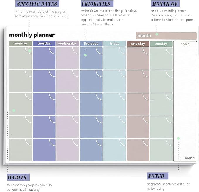 Monthly Planner –100gsm Paper, 52 Tear-off Sheets - A4 Size Undated Calendar and Scheduler - Colour Coded Days, and Notes Area - Perfect for Home and Work