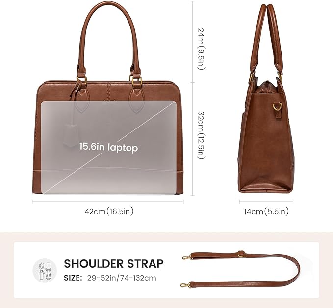 LOVEVOOK Laptop Bag for Women, Work Tote Bags 15.6 inch Computer Bags for Laptops for Women Purse, Large Vintage PU Leather Waterproof Business Office Briefcase, Brown