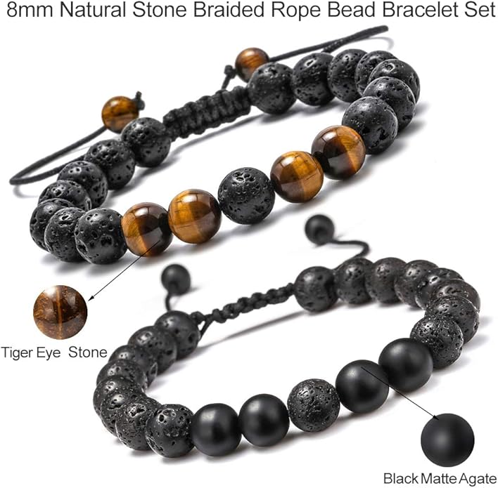 M MOOHAM Natural Stone Bracelets for Men - 8mm Tiger Eye | Matte Agate | Lava Rock Bracelets for Men Teen Boys Gifts Birthday Anniversary Christmas Gifts for Men Teens