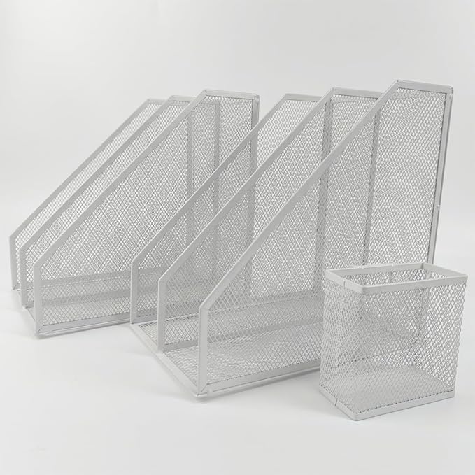 2 Set Desk Organizers, Metal Desk Magazine File Holder and 1 Pen Holder, 2 Compartments Mesh File Holder, Mesh Desktop Organizer and Storage (white)