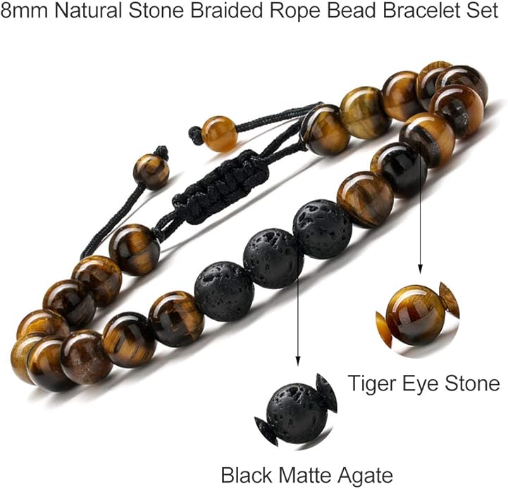 M MOOHAM Natural Stone Bracelets for Men - 8mm Tiger Eye | Matte Agate | Lava Rock Bracelets for Men Teen Boys Gifts Birthday Anniversary Christmas Gifts for Men Teens