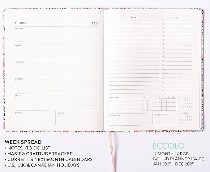 Eccolo 2025 Large Agenda Planner, 12 Month, Yearly, Monthly & Weekly Pages, Habit & Gratitude Tracker (Flexi-Cover - 8 x 10")