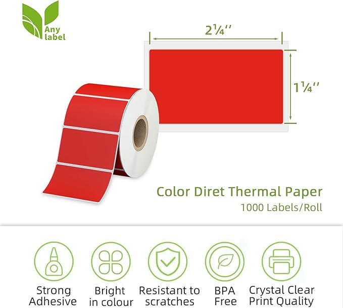 2.25" x 1.25" Red Direct Thermal Labels, Replacement for Self-Adhesive Address Shipping Barcode Thermal Stickers, Compatible with Rollo & Zebra Thermal Label Printer(1 Roll, 1000 Labels)
