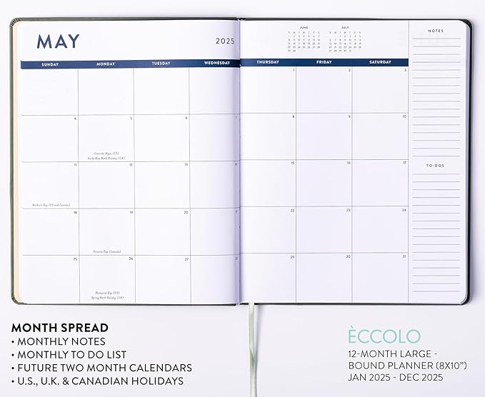 Eccolo 2025 Large Agenda Planner, 12 Month, Yearly, Monthly & Weekly Views, Reminders, Goals Tracker (Flexi-Cover - 8 x 10")