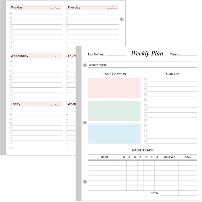 3-Hole Weekly Planner Refills - 53 Sheets/106 Pages Colorful Weekly Planner for 3 Ring Binders, 100 gsm White Paper, 8.5'' x 11''