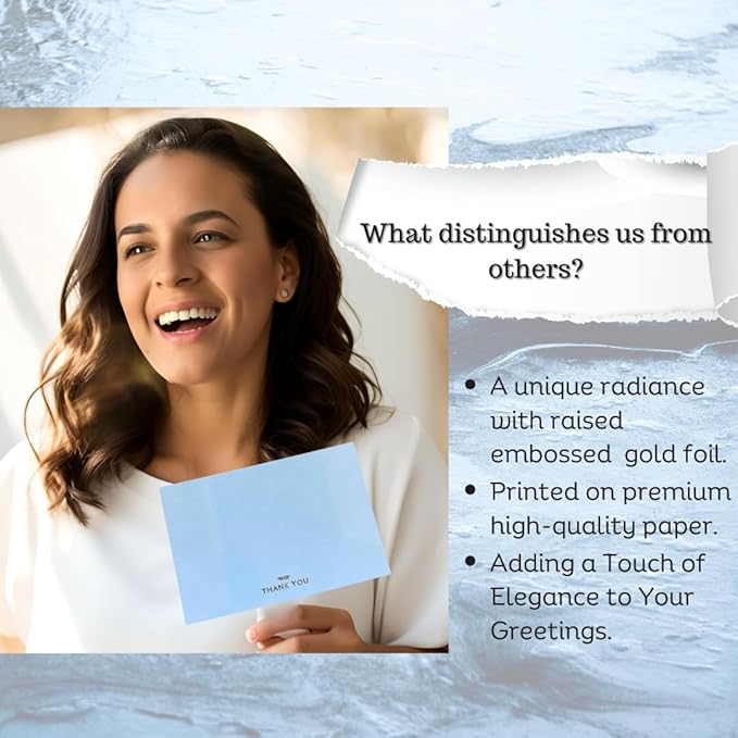 RUN2PRINT (36 Pack Thank You Cards With Envelopes & Stickers - Elegant Light Blue - Emboss Gold Foil Pressed - Blank Notes Wedding, Bridal, Baby Shower, Business and Formal All Occasion Cards