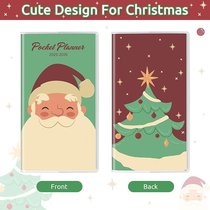 Christmas Pocket Calendar 2025-2026, 2025 Monthly Planner - 6.7" x 3.7" - Runs from January 2025 until December 2026, 2025 Pocket Planner with PVC Cover for Planning, Green