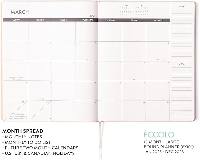 Eccolo 2025 Large Agenda Planner, 12 Month, Yearly, Monthly & Weekly Pages, Habit & Gratitude Tracker (Flexi-Cover - 8 x 10")
