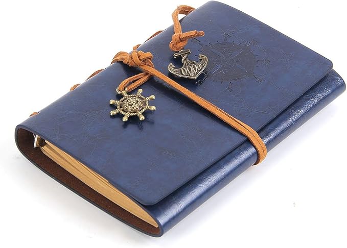 EvZ Leather Writing Journal Notebook, 5 Inches Vintage Nautical Spiral Blank String Diary Notepad Sketchbook Travel to Write in, Unlined Paper, Retro Pendants, Classic Embossed, Dark Blue