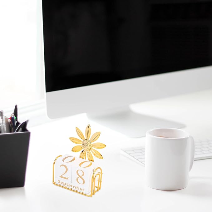 SUPVOX Wooden Block Calendar for Desk Daily Desktop Perpetual Calendar Wood Month Date Display Blocks Farmhouse Desk Accessories for Home Office Decor Reusable Yearly Sunflower Design