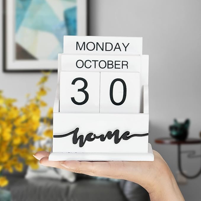 Notakia Perpetual Calendar Wooden Calendar Blocks Vintage Wood Block Calendar for Home Office Desk Accessories Week Month Date Display (White Home Calendar)