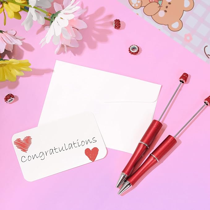 jiebor 20Pcs Red Beadable Pens Plastic Bead Ballpoint Pens Bulk with 50Pcs Black Ink Cute Cool DIY Pens for Women Teacher Christmas Gift Office Supplies