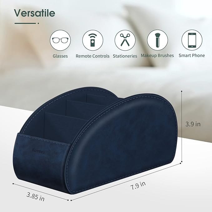 Large Remote Control Holder with 5 Compartments, KENOBEE Anti-slip Desktop Caddy Storage Organizer for Phone, Remote Controllers, Office Supplies, Makeup Brush, Media Accessories,Blue