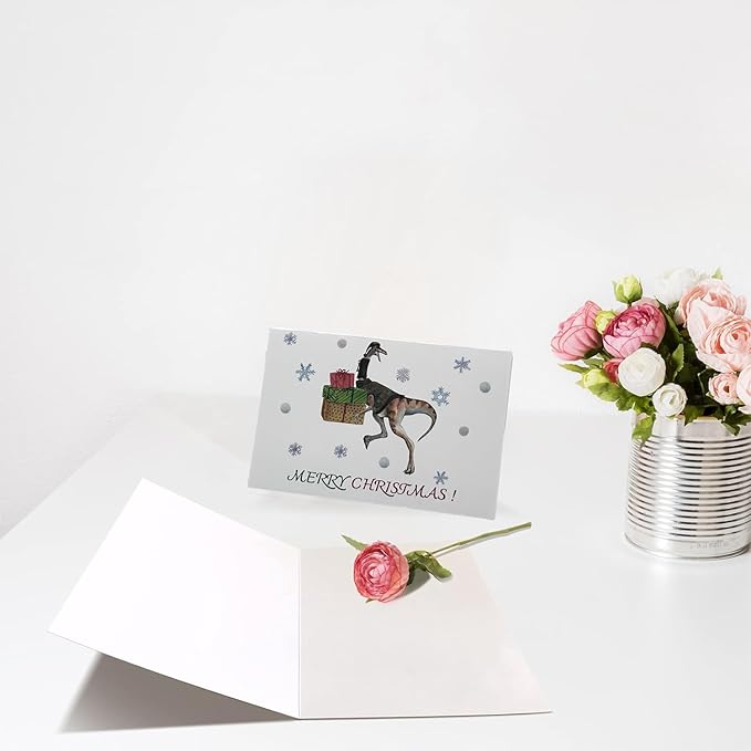 Christmas Card Set - 8 Holiday Cards with Red Envelopes - 8 Different Dinosaur Designs, Perfect for Giving to Your Friends Who Love Dinosaurs.