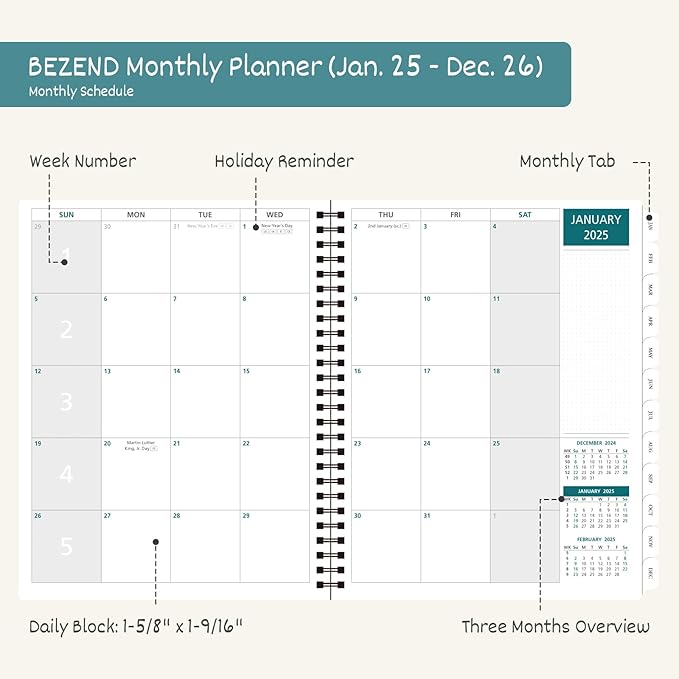 BEZEND Monthly Planner 2025-2026, Large Size, 2 Year Monthly Calendar 8.5" x 11" - 120 GSM Thick Paper - Spiral Planner with Pockets, Tabs, Calendar with Note Sections, Pen Loop, Softcover - Kiwi