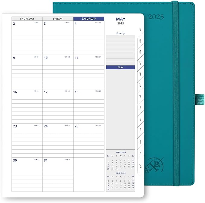 POPRUN 2025 Monthly Calendar 8.5" x 11", Large Writing Space Monthly Planner with PU Leather Soft Cover, Dual Pockets, Monthly Tabs, 100GSM Thick Paper, Sunday Start - Pacific Green