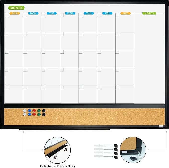 JILoffice Magnetic Calendar Whiteboard & Bulletin Corkboard Combination, Combo Board 24 x 18 Inch, Black Aluminum Frame Wall Mounted Board for Office Home and School with 10 Push Pins
