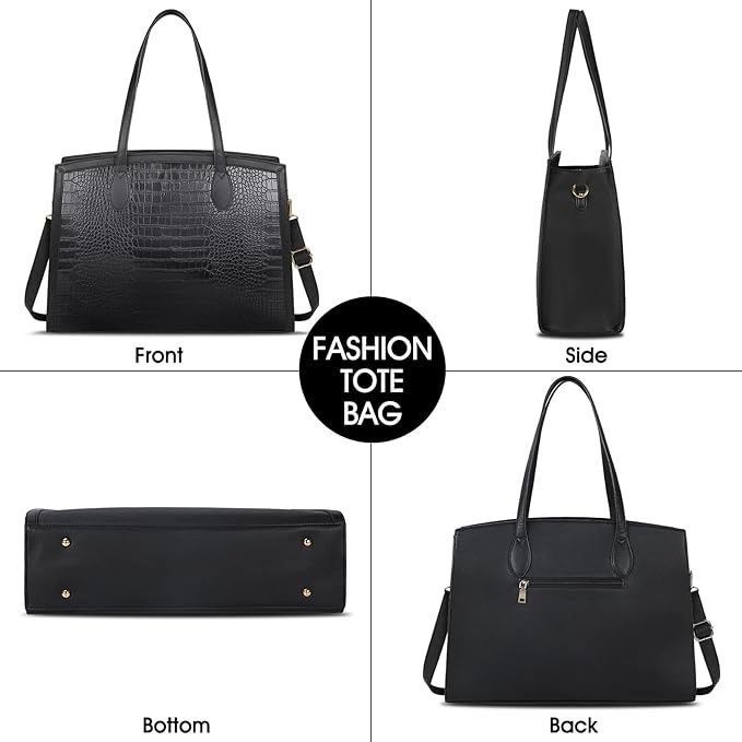 Laptop Bag for Women 15.6 Inch Laptop Tote Bags PU Leather Lightweight Womens Computer Bag Office Shoulder Bag Handbag Large Capacity Fashion Work Briefcase Bag 2PCs Black Crocodile Pattern