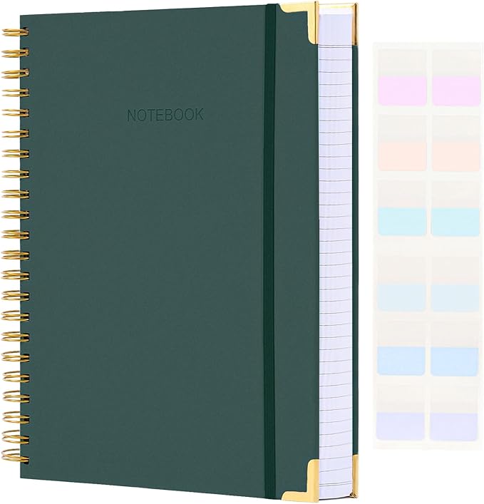 Spiral Notebook, Hardcover Leather Journal for Women Men, 300 Page Thick Notebooks College Ruled for Work, School, Note Taking, Writing Journals, Large A5 Notebook with Tabs Sticky, 5.7" x 8.5", Green