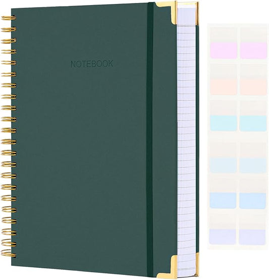 Spiral Notebook, Hardcover Leather Journal for Women Men, 300 Page Thick Notebooks College Ruled for Work, School, Note Taking, Writing Journals, Large A5 Notebook with Tabs Sticky, 5.7" x 8.5", Green