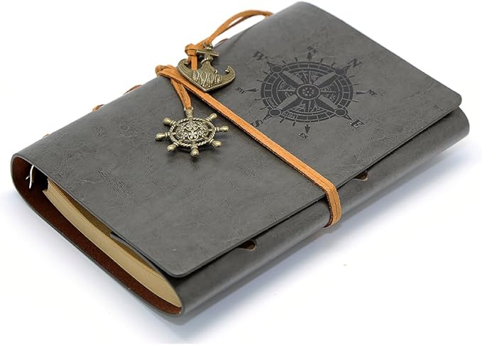 EvZ Leather Writing Journal Notebook, 7 Inches Vintage Nautical Spiral Blank String Diary Notepad Sketchbook Travel to Write in, Unlined Paper, Retro Pendants, Classic Embossed, Grey