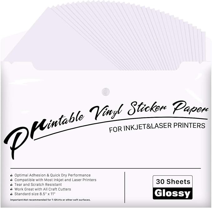 JANDJPACKAGING Printable Vinyl for Inkjet & Laser Printer - 30 Pack Printable Vinyl Sticker Paper Glossy White - Standard Letter Size 8.5"x11"