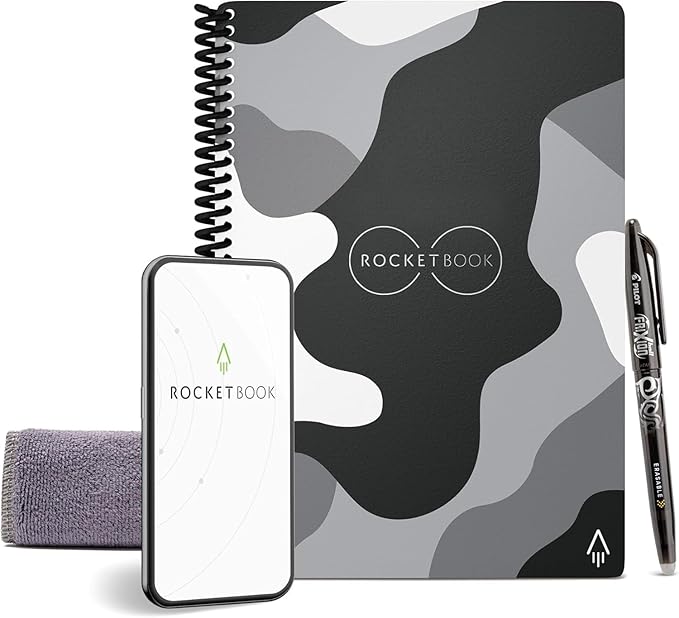 Rocketbook Core Reusable Spiral Notebook, Executive Size 6x8.8, Camo - Lined Pages, App-Connected, Erasable, Durable Cover, Ideal for School, Work, and Creative Projects