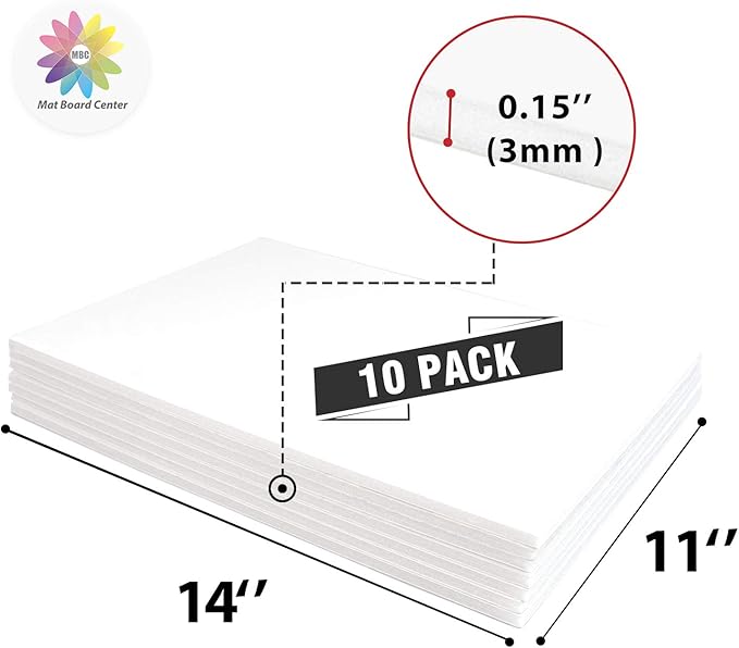 Mat Board Center, Pack of 10 Acid-Free Foam Boards, 11x14 inch White Foam Boards, 1/8" Thick