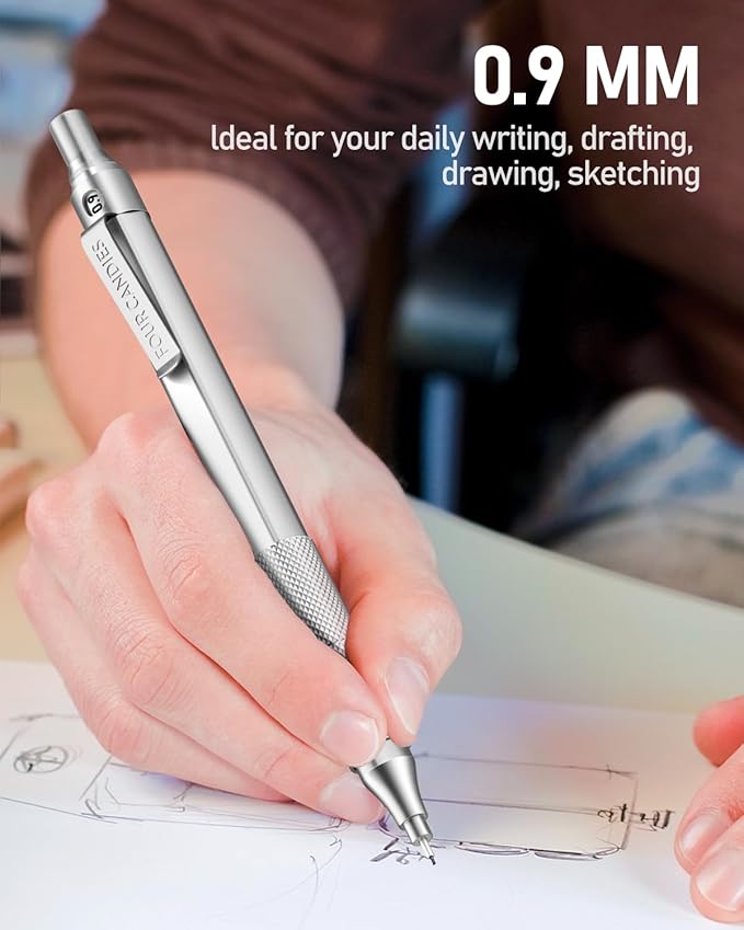 Four Candies 0.9mm Mechanical Pencil Set with Case, 3PCS Metal Artist Lead Pencil with 8 Tubes (480PCS) HB Lead Refills, 3 Erasers, 9 Eraser Refills For Engineer Art Writing Drafting, Silver