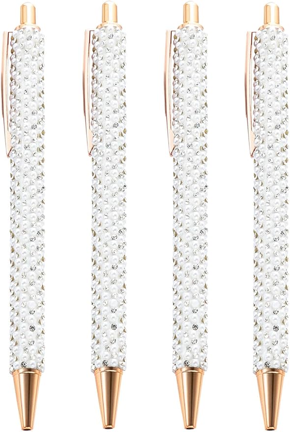 4 Pcs White Pearl Pens Rhinestone Metal Ballpoint Pens Sparkly Crystal Pens Black Ink for Women Girls Office School Supplies